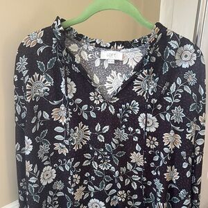 LOFT Black Floral V-Neck Tie Blouse with Cream & Teal Accents